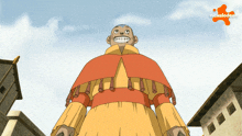 a cartoon character from nickelodeon stands in front of buildings