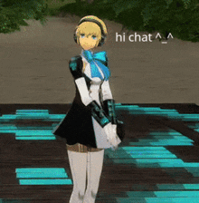 a girl with headphones and a blue scarf is standing in front of a sign that says hi chat ..