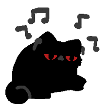 a black cat with red eyes is surrounded by music notes ..