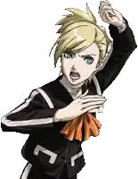 a girl with blonde hair and blue eyes is wearing a black jacket with white stripes