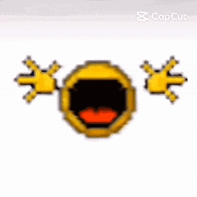 a pixel art smiley face with a red tongue and two hands coming out of it 's mouth .