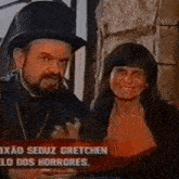 a man and a woman are standing next to each other . the man is wearing a top hat .