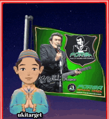 a cartoon of a man playing a guitar and singing into a microphone with the words forsa fans of rhoma and soneta