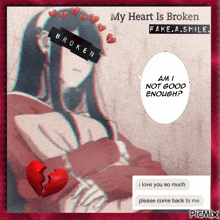 a picture of a girl with a broken heart and the words my heart is broken fake a smile