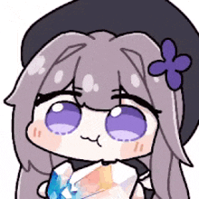 a cartoon girl with purple eyes and a purple flower in her hair .