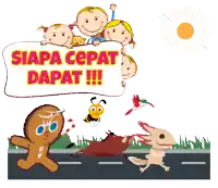 a cartoon drawing of a gingerbread man holding a sign that says siapa cepat dapat !!!