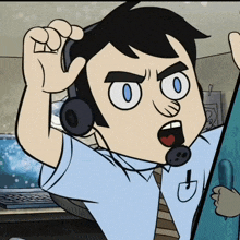 a cartoon of a man wearing headphones and a tie with the letter d on his shirt