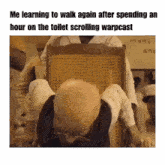 a bald man is sitting in a chair with the words me learning to walk again after spending an hour on the toilet