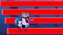 a cartoon character with a backpack is standing in front of a row of red seats