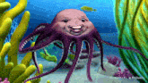 a purple octopus with a pink face is in the water