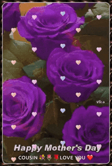 a mother 's day greeting card with purple roses and hearts
