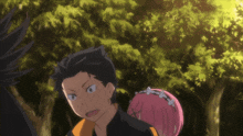 a man and a girl with pink hair are standing in a forest
