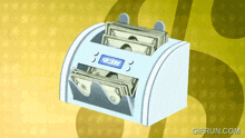 a cartoon drawing of a money counting machine with the website gifrun.com in the corner