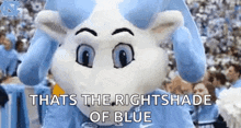 a mascot is standing in front of a crowd and says `` that 's the rightshade of blue '' .