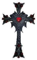 a black cross with red roses and a heart in the middle