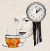 a woman 's face is behind a cup of tea and a clock shows the time as 4:20