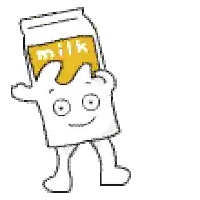 a cartoon character is holding a bag of milk in front of his face .