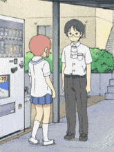 a man and a girl are standing in front of a vending machine that says ' coca cola ' on the front