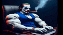 a man dressed as the joker is smoking a cigar while typing on a laptop .