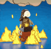 a lego figure is surrounded by flames and a cloud