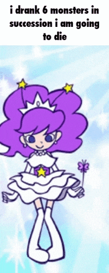 a girl with purple hair and a crown on her head