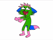 a cartoon drawing of a green and pink cat with a blue tail