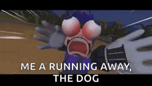a cartoon character with big red eyes is running away from a giant hand .