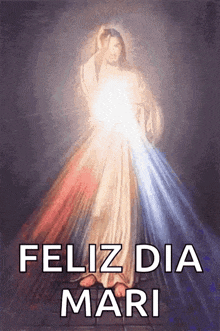 a painting of jesus with the words feliz dia mari above him