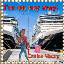 a picture of a woman with a suitcase and a passport that says cruise vacay on it
