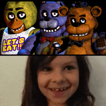 a girl is smiling in front of five nights at freddy 's