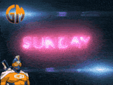 a neon sign that says sunday with a cartoon character in the background