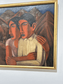 a painting of a man and woman hugging each other with mountains in the background