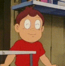 a cartoon boy in a red shirt is standing in front of a shelf