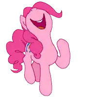 a pink pony with blue eyes is smiling