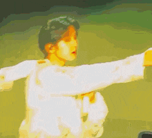 a painting of a person with their arms outstretched and a green background