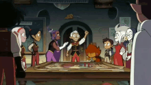 a group of cartoon characters gathered around a table with a map on it