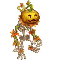 a skeleton with a pumpkin head and leaves around it