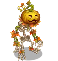 a skeleton with a pumpkin head and leaves around it