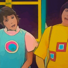 a cartoon of a girl in a blue vest and a boy in a yellow shirt with squares on their sleeves