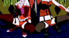 a couple of anime girls are dancing in front of a sign that says ' shinji ' on it
