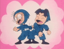 a couple of cartoon characters standing next to each other on a pink background .