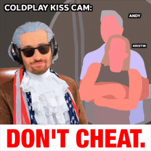 a poster for coldplay kiss cam with a man in a wig and sunglasses
