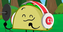 a taco wearing headphones and holding a microphone with the letter l on it