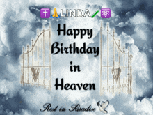 a happy birthday in heaven card with a gate in the clouds