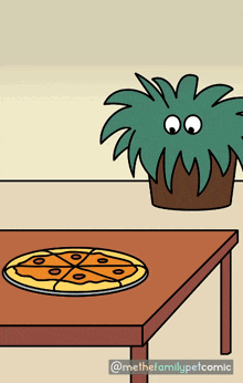 a cartoon of a person hiding behind a plant with a pizza on the table