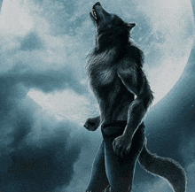 a werewolf is howling at the full moon in the night sky