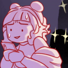 a cartoon drawing of a girl looking at a phone