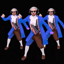 a man in a blue coat is dancing in a row