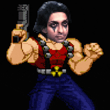 a pixel art of a man holding a gun in his right hand