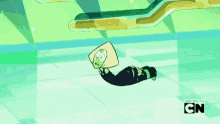a cartoon character is laying on the ground in a room .